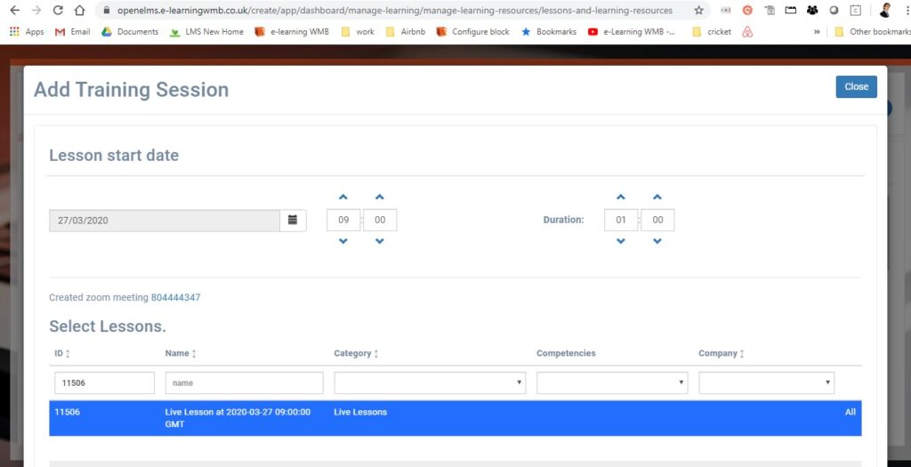 Zoom lesson created confirmation
