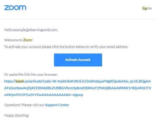 Zoom activation email