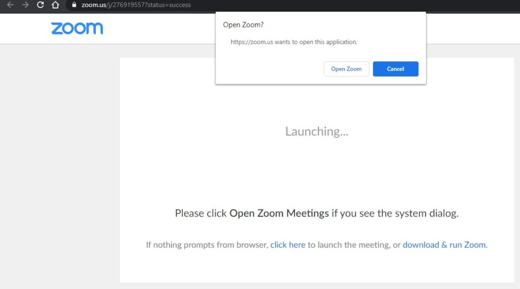 Student open zoom prompt