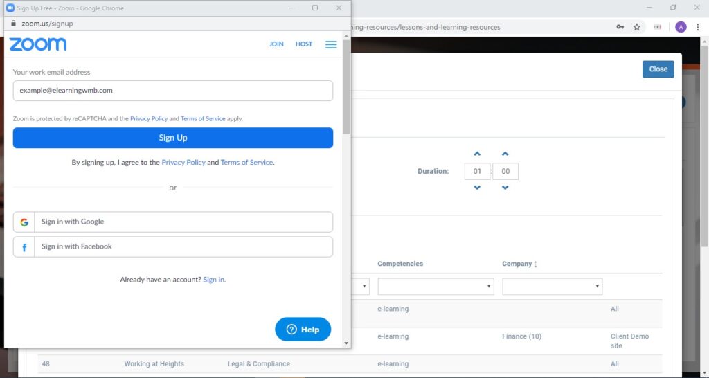Zoom sign up options